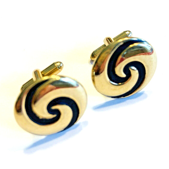 Vintage Mid Century Cufflinks Classic Mod Design Goldtone & Black Finish Swirls - Picture 1 of 6